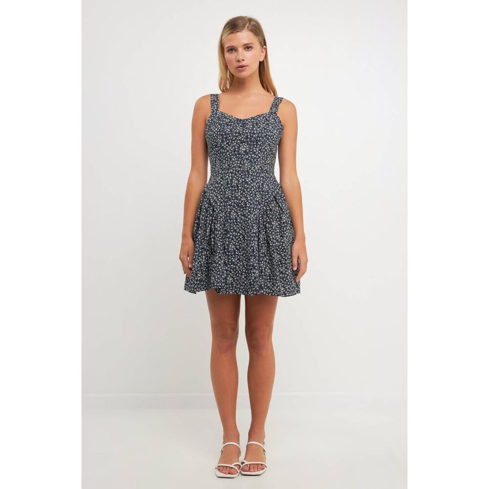 English Factory Floral Linen Bustier Dress Blue Sleeveless Fit & Flare Size L